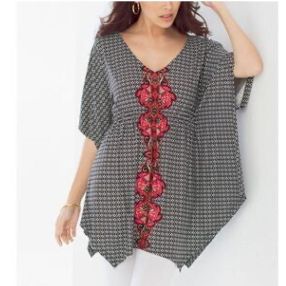 SOMA Kaftan Top Womens Medium Black Pink V-Neck Boho Pullover  Live Lounge Wear